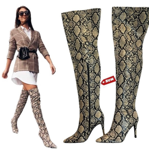 Design Concept Studio Shoes - Design concept studio cream black snake print thigh high over the knee boots NWT